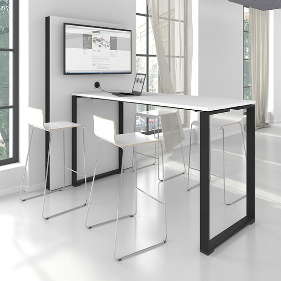 Media Wall breakout space with high table, black and white