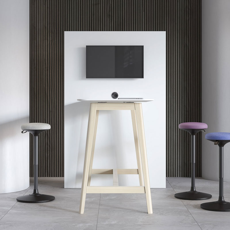 Media Wall breakout space with high table, white