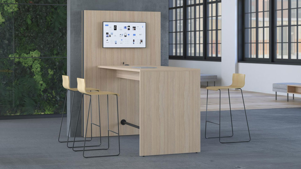 Media Wall breakout space with high table, oak