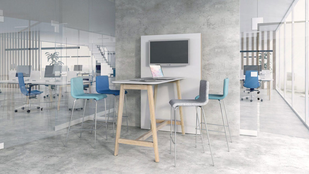 Media Wall breakout space with high table, white and oak