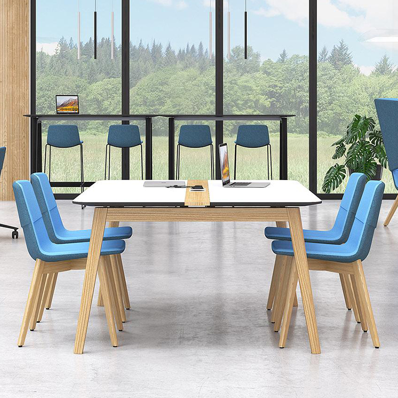 Twist & Sit wooden leg meeting chairs, two tone blue