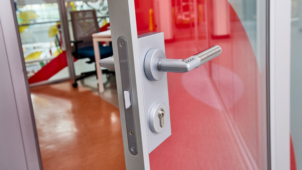 Office pod double glazed door with digital locks
