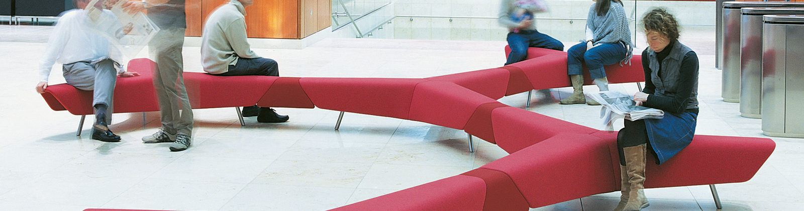 HM83 red soft seating in entrance foyer