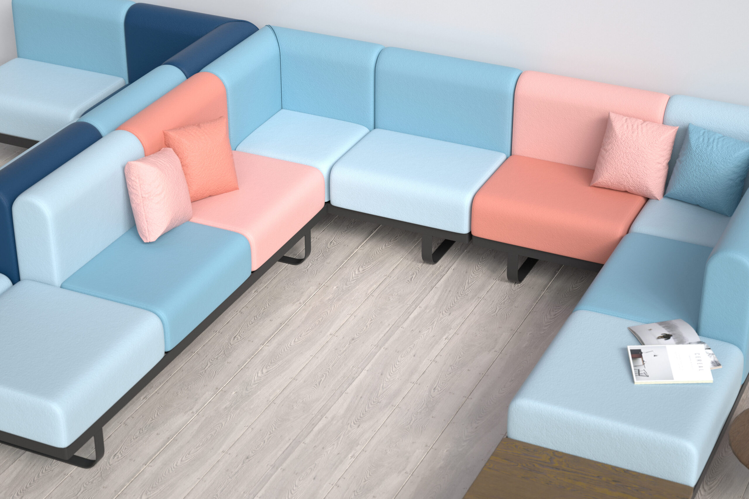 An image of a modular office sofa in pastel blues and pinks.