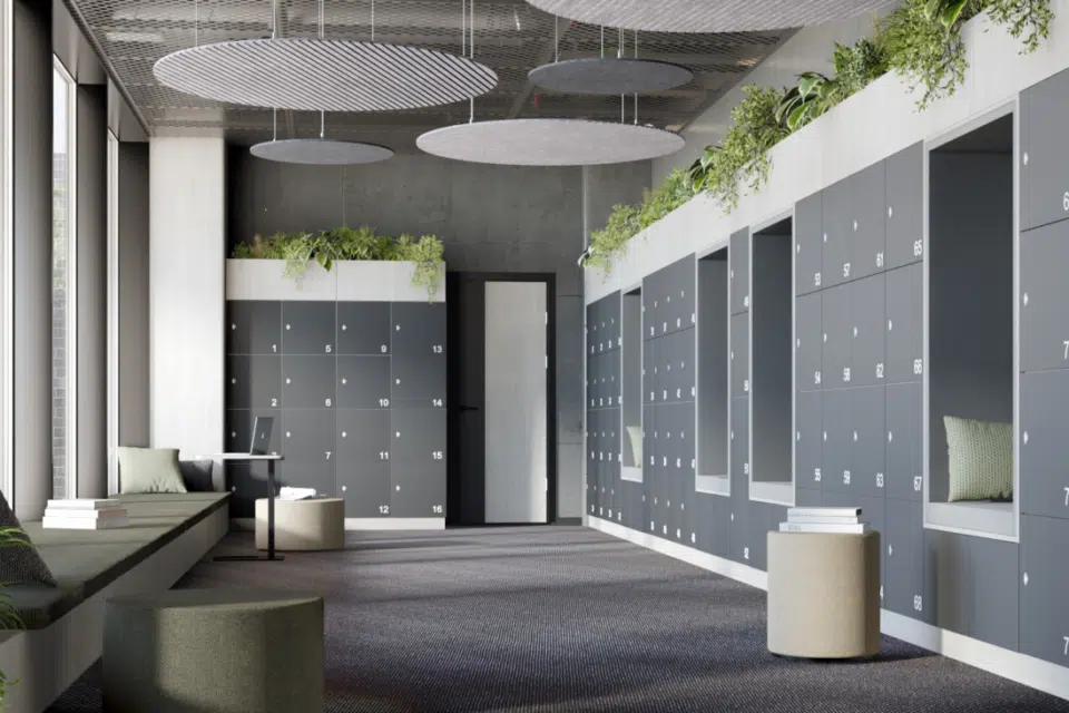 Large room filled with grey lockers with planters on top, and acoustic panels hanging from the ceiling.