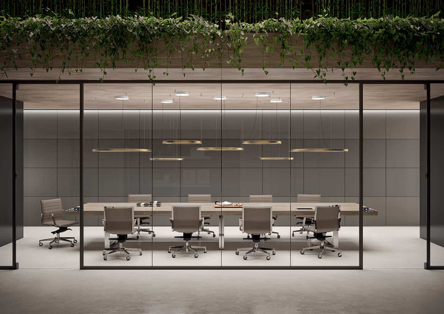 Large boardroom table and chairs in a modern glass-walled meeting room.