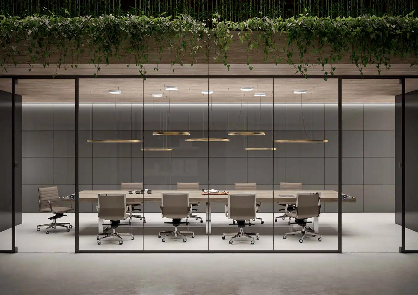 Large boardroom table and chairs in a modern glass-walled meeting room.