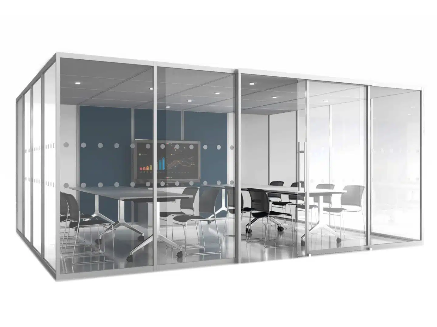 A large glass and square office pod with office desks, chairs and a TV.