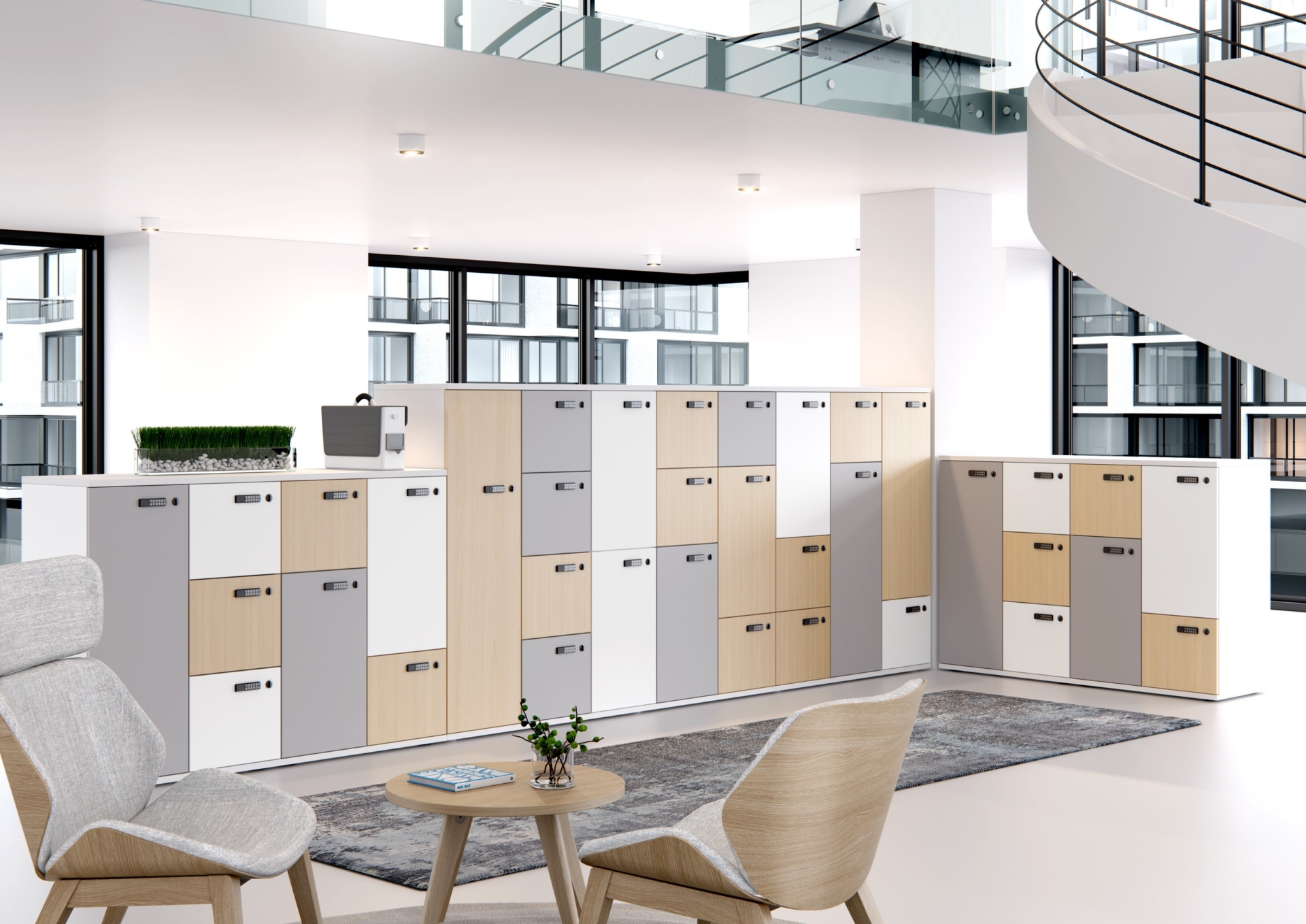 A room filled with white, brown and grey storage lockers.