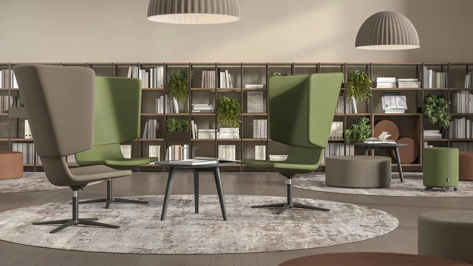 Large wall of acoustic storage panels in a modern office or lobby with green lounge chairs and several green planters.