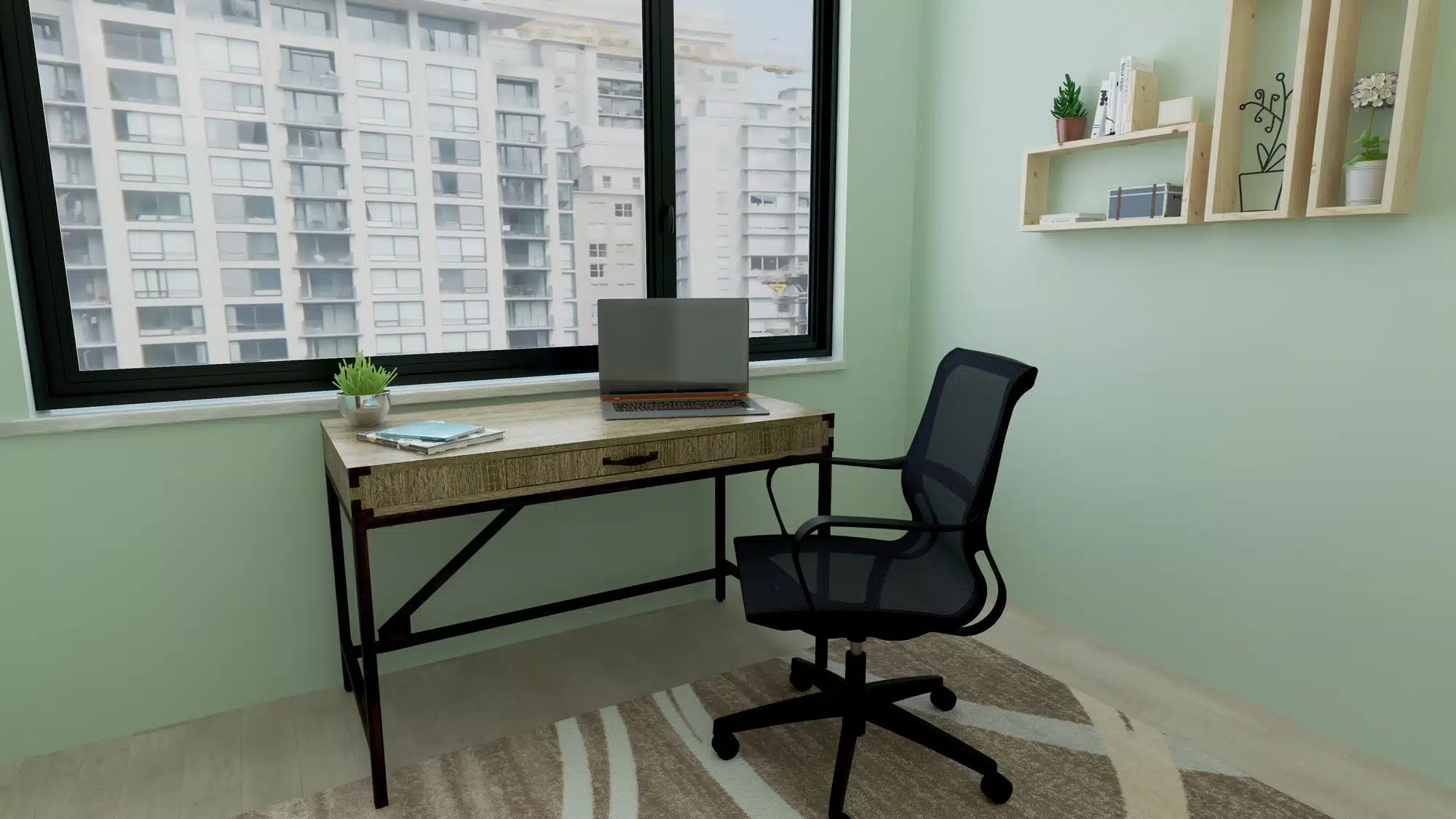 Dynamic Chester Rectangular Desk with black frame legs in a modern home study room with a minimalist setup.