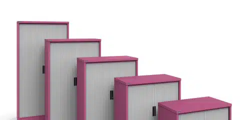 White and pink steel storage tambours in a white background.