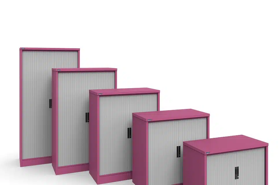 White and pink steel storage tambours in a white background.