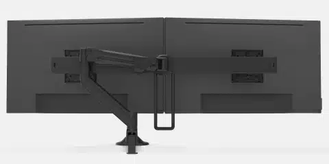 Large black two monitor arms.
