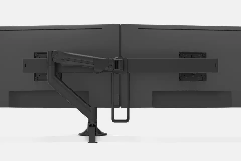 Large black two monitor arms.