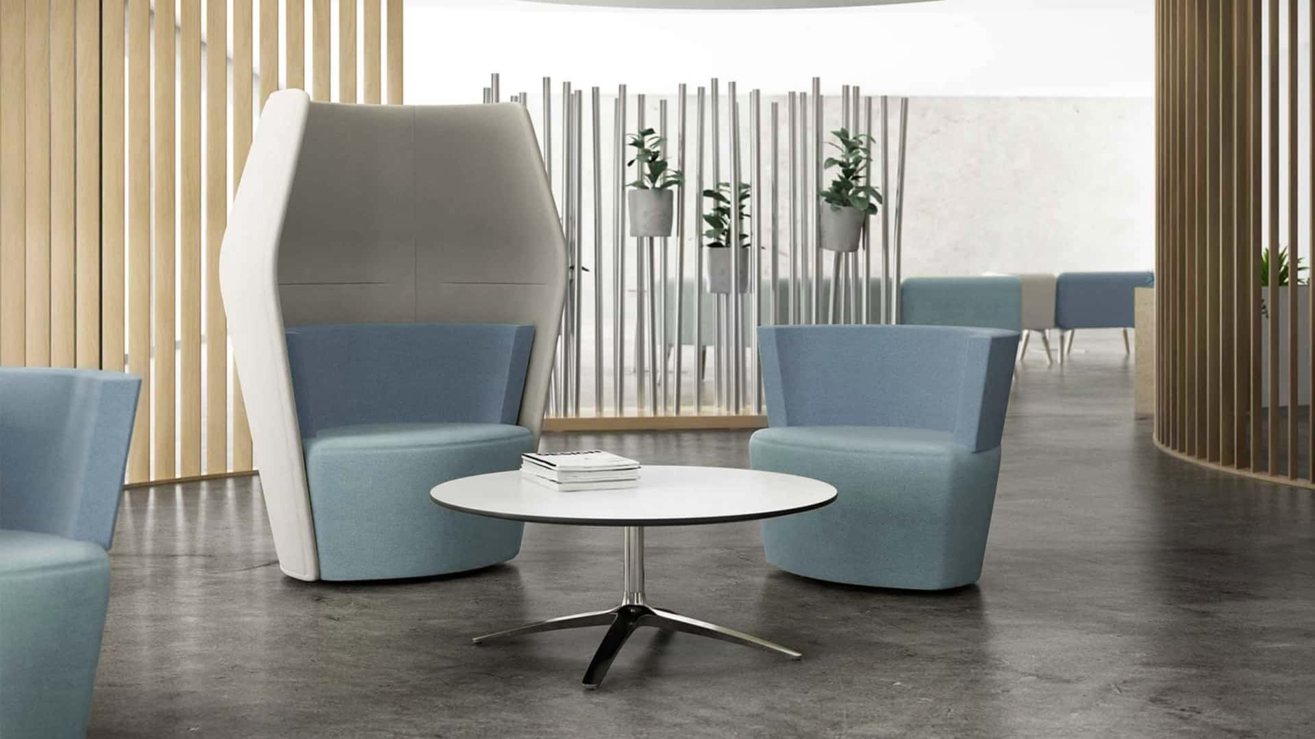 Two parts of the Boss Design Agile Sofa Workstation in light blue.