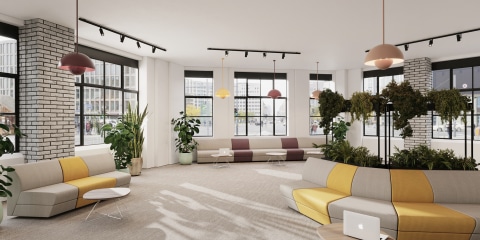Large room with grey and yellow sofa.