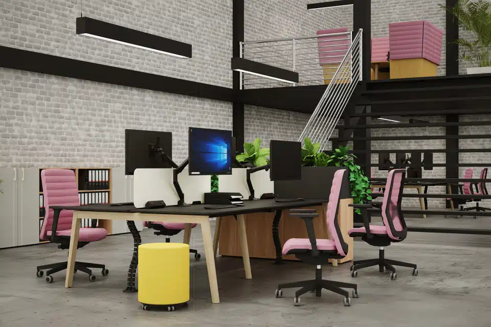 A modern office or collaborative space featuring furniture from the Levo, Boost, Linx, and Nova-Wood 2 collections.