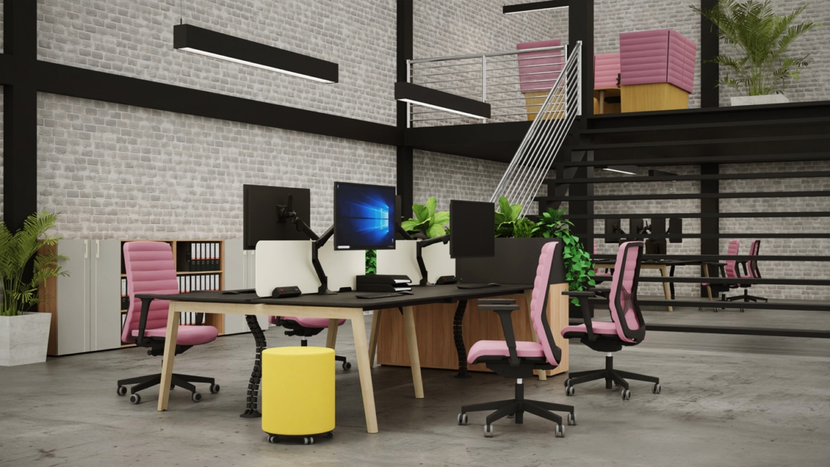 A modern office or collaborative space featuring furniture from the Levo, Boost, Linx, and Nova-Wood 2 collections.