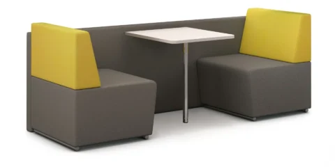 Mustard and brown Fifteen diner two seater low sofa.
