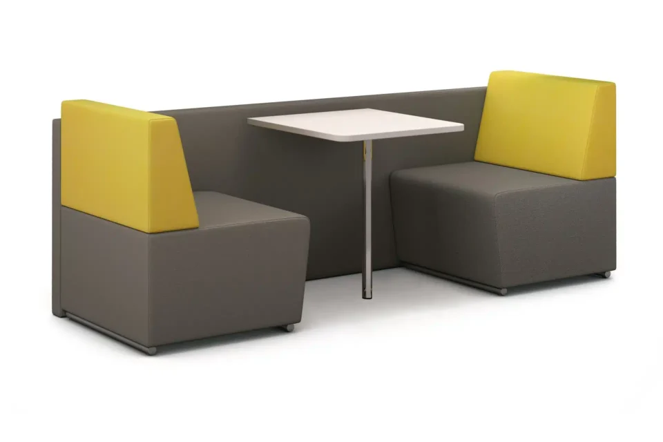 Mustard and brown Fifteen diner two seater low sofa.