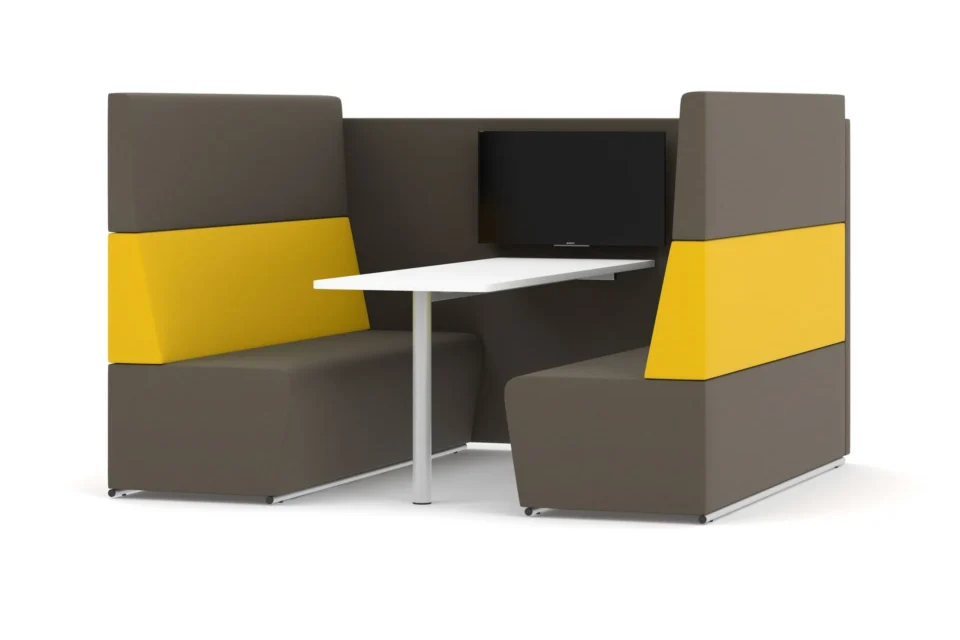 Mustard and brown Fifteen diner two seater high sofa.