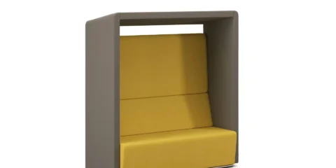 Mustard and brown Fifteen diner two seater high back acoustic sofa.