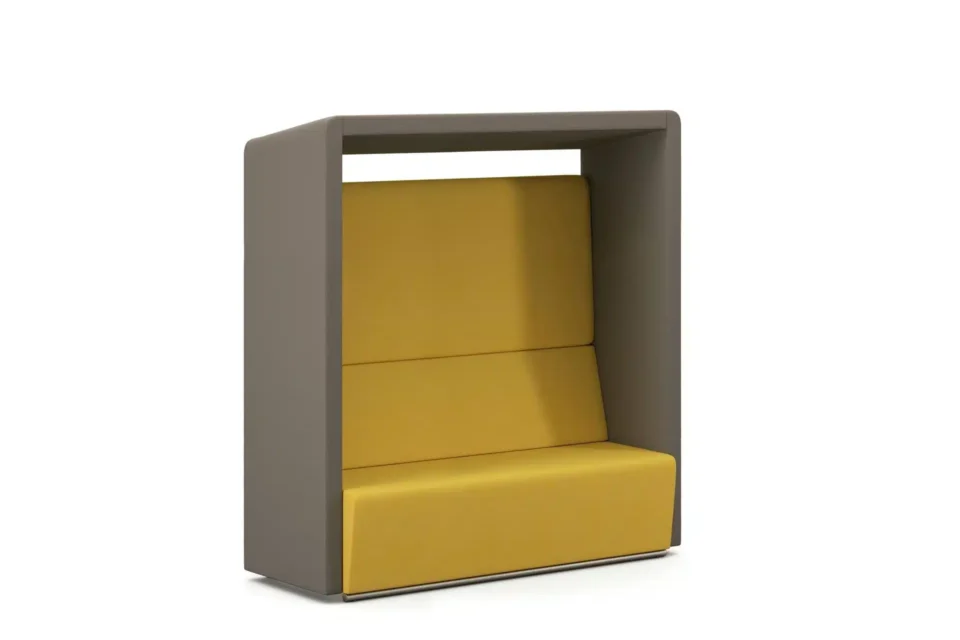 Mustard and brown Fifteen diner two seater high back acoustic sofa.