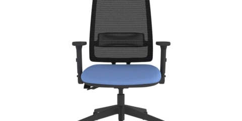 Black mesh office task chair with dark blue upholstery.