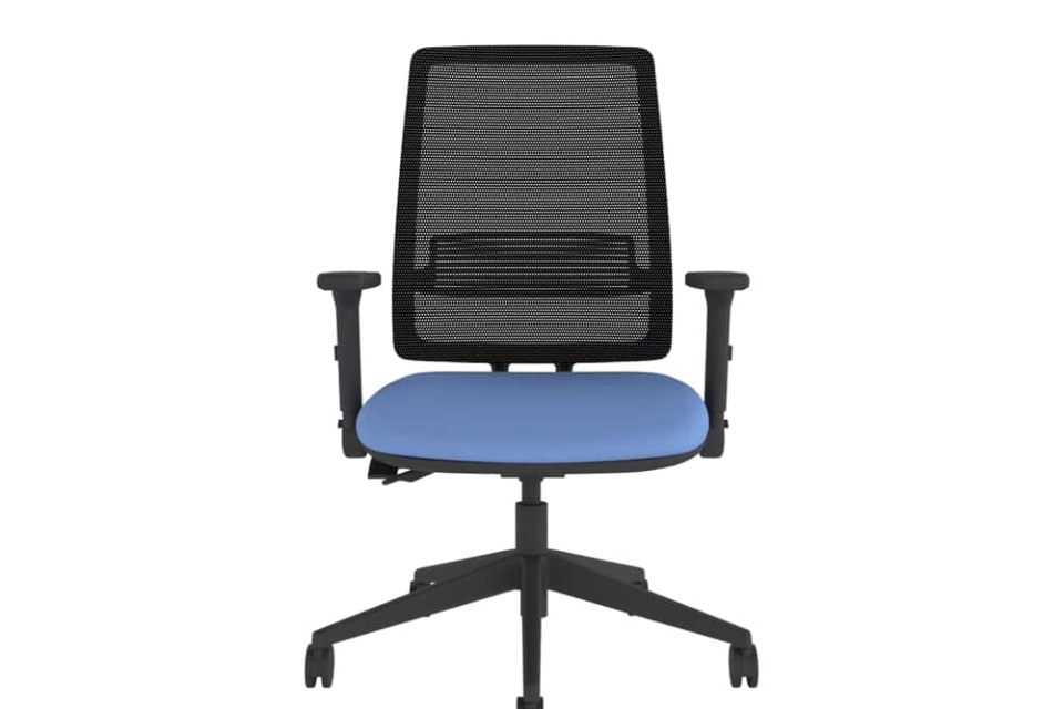 Black mesh office task chair with dark blue upholstery.