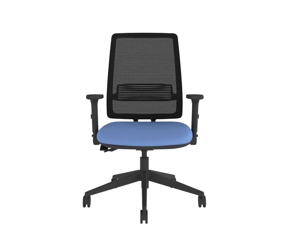 Black mesh office task chair with dark blue upholstery.