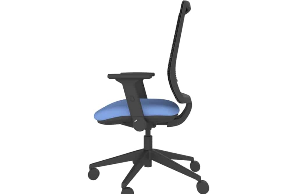 Black mesh office task chair with dark blue upholstery.