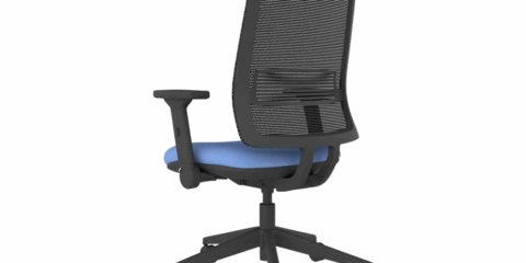 Black mesh office task chair with dark blue upholstery.