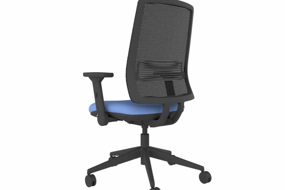 Black mesh office task chair with dark blue upholstery.