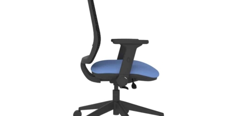 Black mesh office task chair with dark blue upholstery.