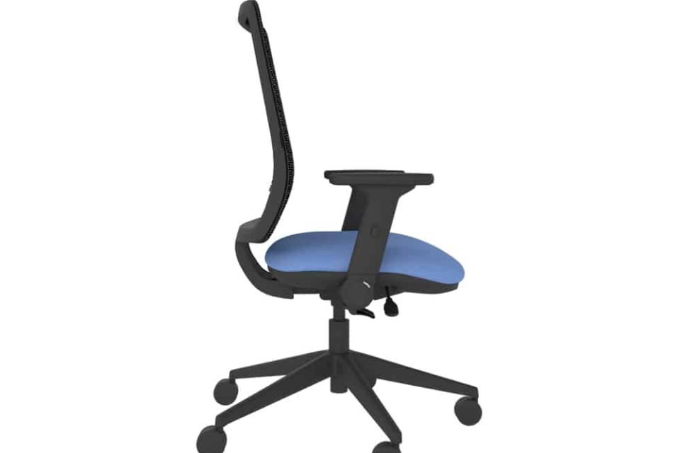 Black mesh office task chair with dark blue upholstery.