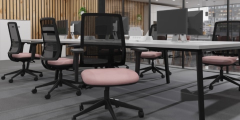 An MDK Axent ergonomic office task chair featuring vibrant pink and black upholstery.