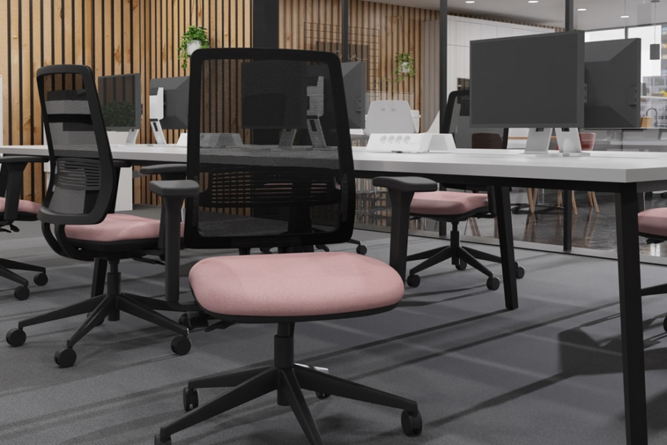 An MDK Axent ergonomic office task chair featuring vibrant pink and black upholstery.