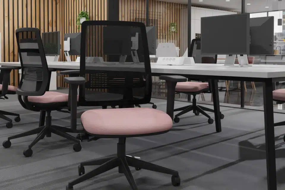 Black and pink upholstered office task chair.