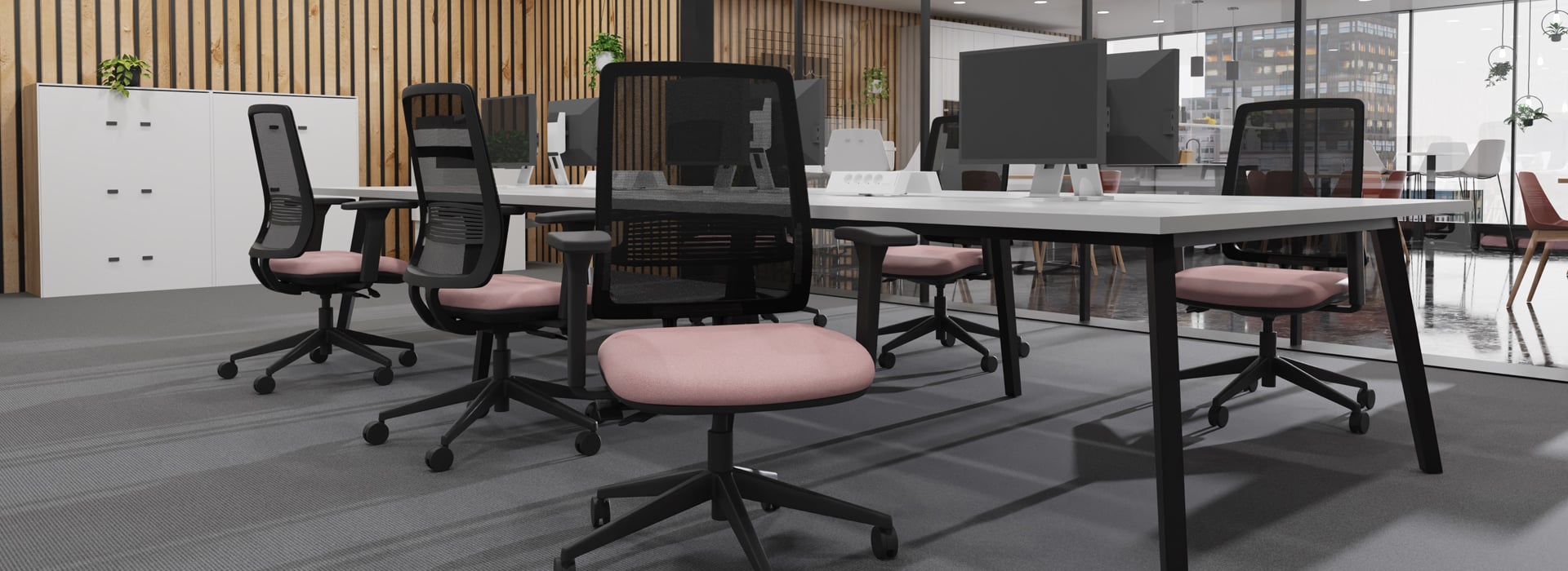 An MDK Axent ergonomic office task chair featuring vibrant pink and black upholstery.