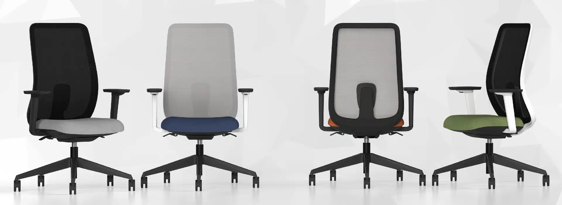 Four black and grey office chairs positioned next to each other.