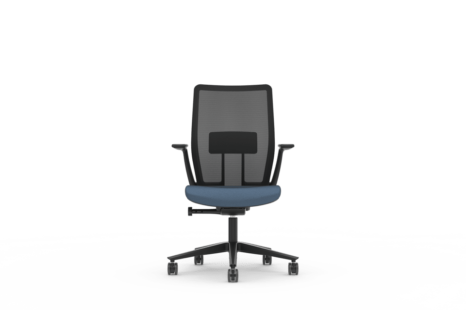 A black mesh chair with white background.