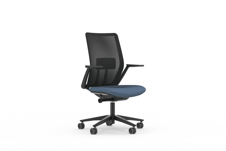 A black mesh chair with white background.