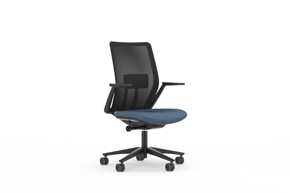 A black mesh chair with white background.