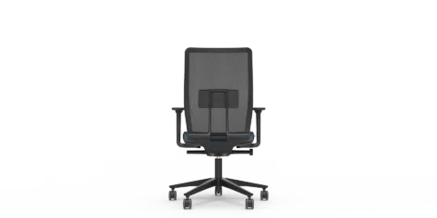 A black mesh chair with white background.