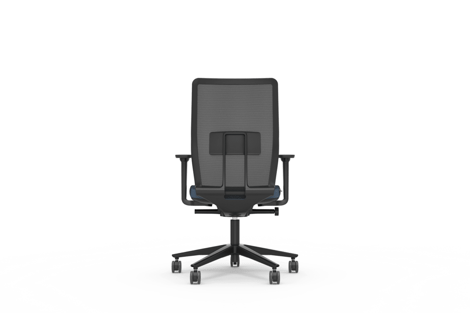 A black mesh chair with white background.
