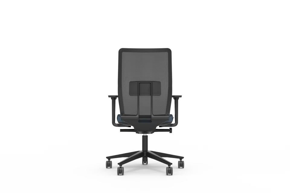 A black mesh chair with white background.