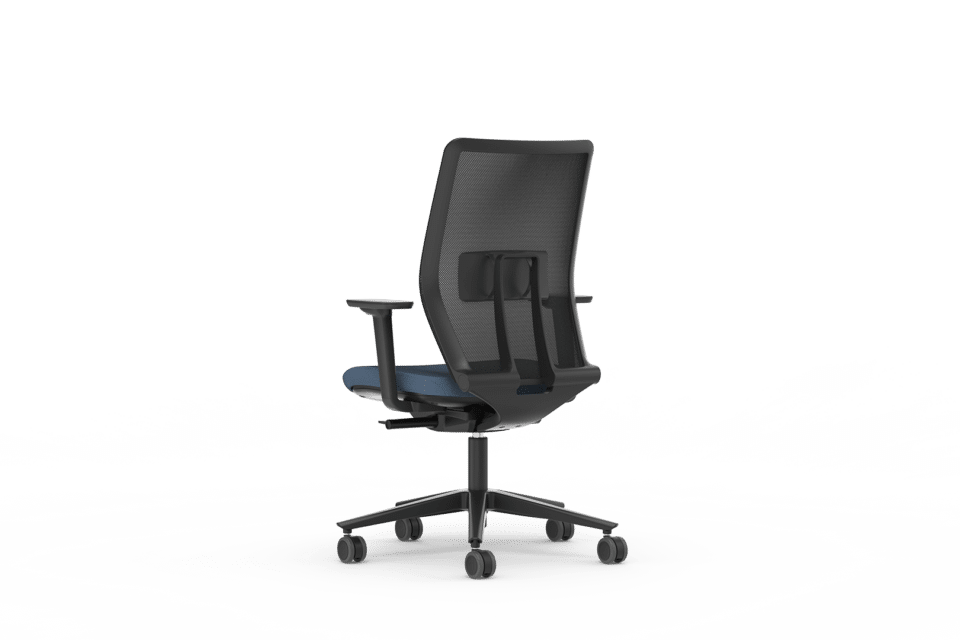 Black mesh style chair with black armrests.