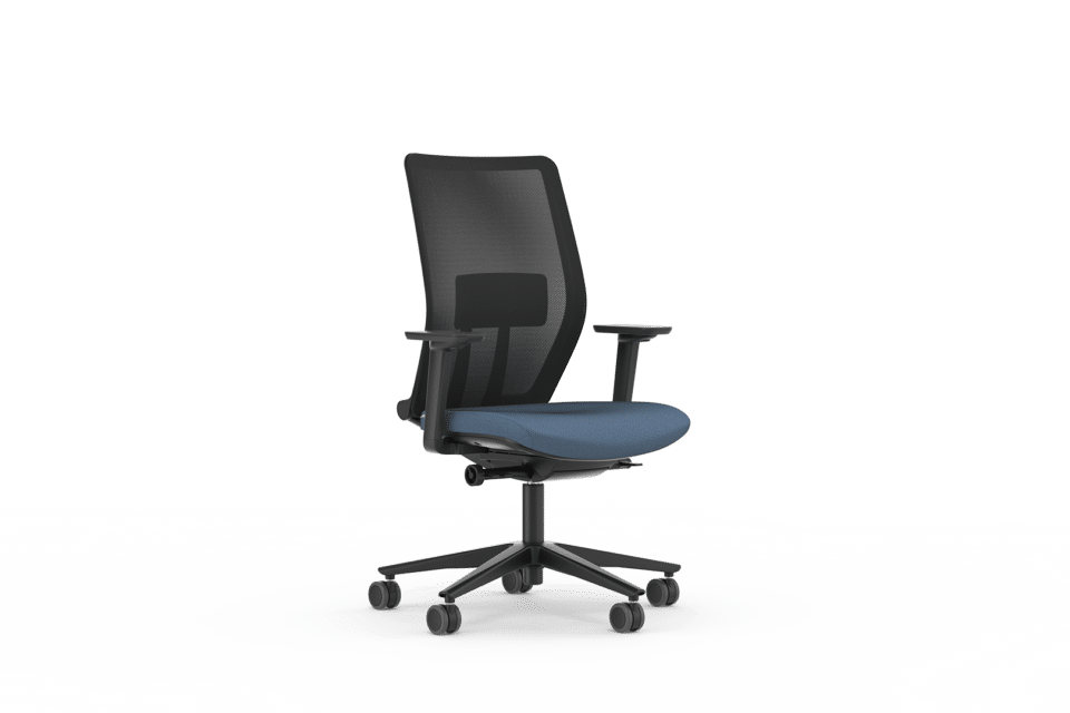 A black chair with black mesh and dark blu upholstery.