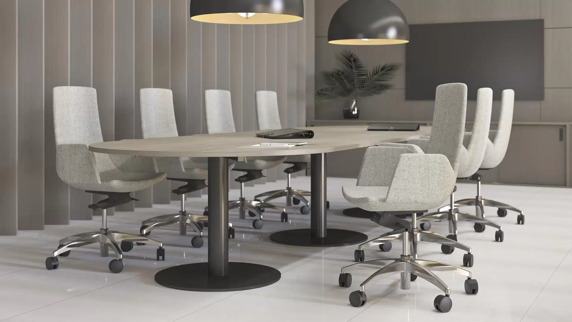 A large meeting table in a room.